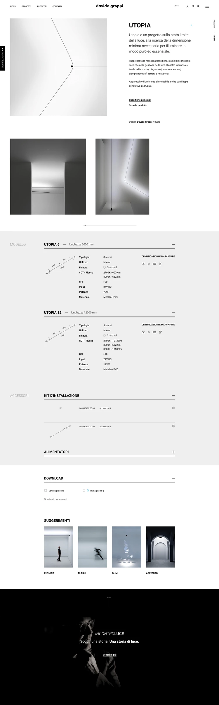 Scheda prodotto versione desktop per il brand Davide Groppi